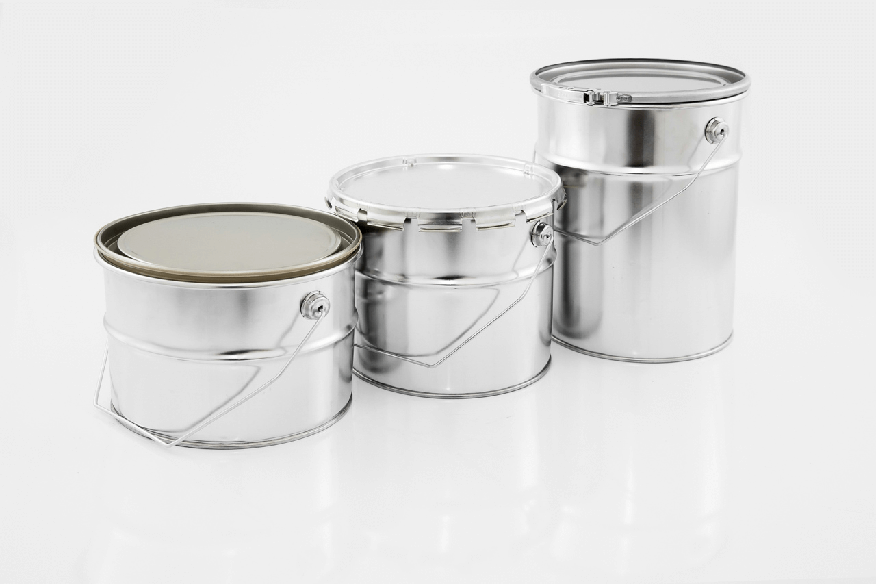 Metal pails with pressure lids, crown lids, and lever lock lid